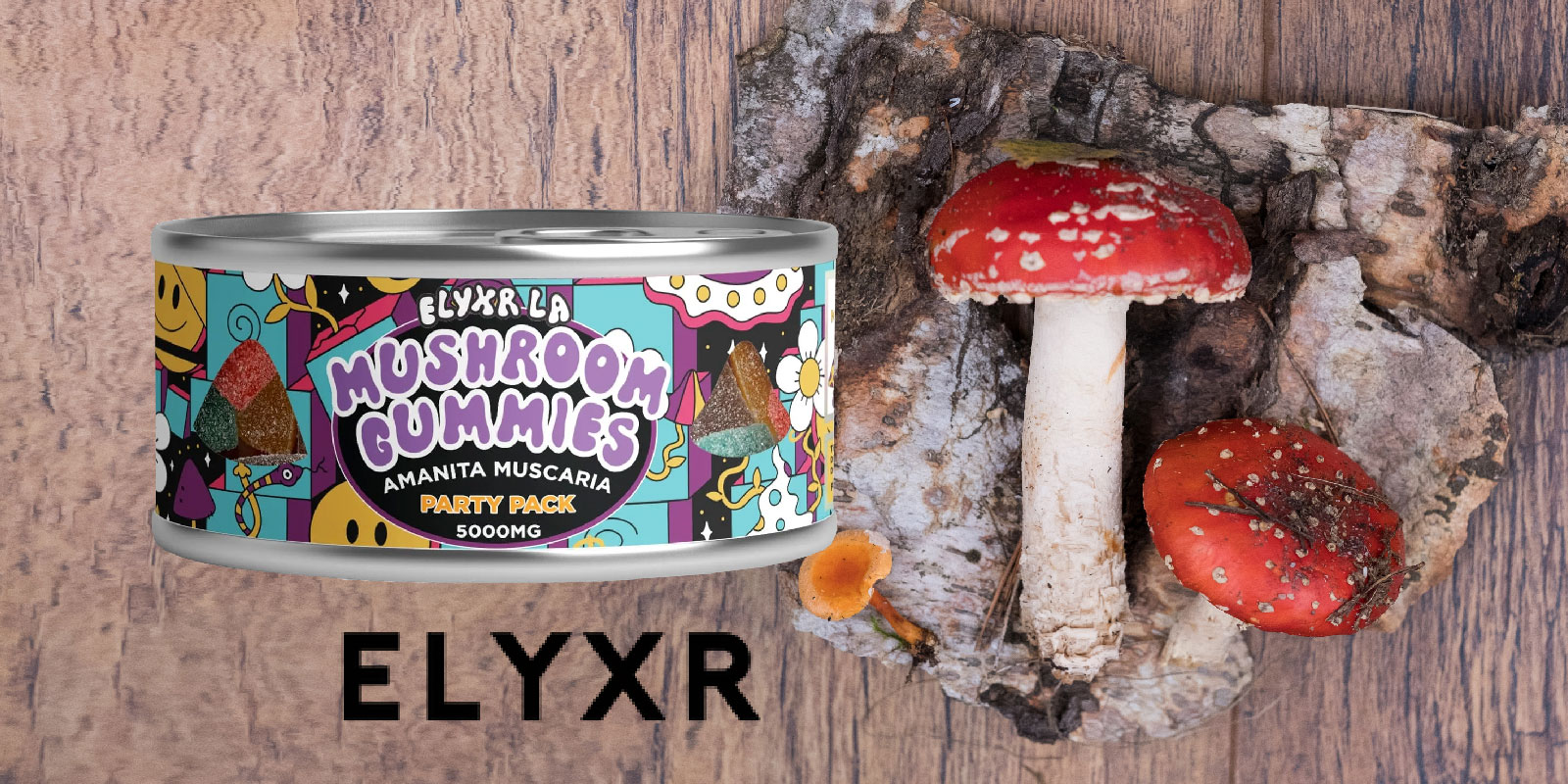 elyxr mushroom gummies next to amanita mushrooms
